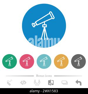 Télescope spatial contour des icônes blanches plates sur des fonds de couleur ronde. 6 icônes bonus incluses. Illustration de Vecteur