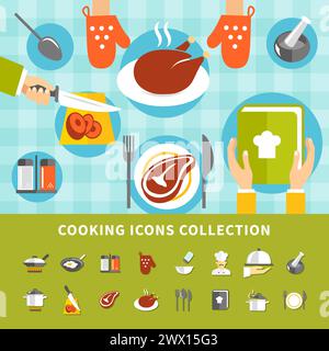 Éléments de cuisine ensemble avec ustensiles de cuisine différents plats repas ingrédients chef livre de cuisine en illustration vectorielle de style plat Illustration de Vecteur