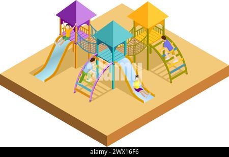 Jeu isométrique coloré composition petits enfants diapositives avec lesquelles les enfants glissent illustration vectorielle Illustration de Vecteur