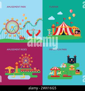 Icônes de concept de parc d'attractions ensemble avec des symboles de manèges d'amusement illustration vectorielle isolée plate Illustration de Vecteur