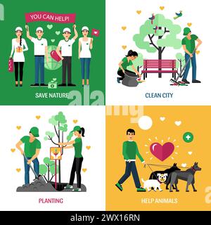 Volontaires 2x2 design concept ensemble d'aider les animaux plantant ville propre et sauver la nature action compositions illustration de vecteur plat Illustration de Vecteur