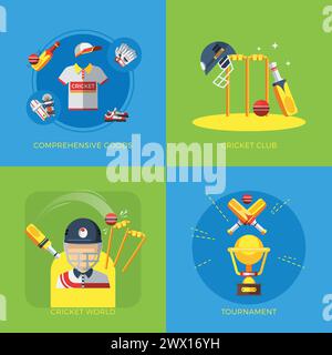 Icônes plates de cricket 2x2 sur fond bleu et vert avec des articles et des vêtements pour les joueurs et illustration vectorielle isolée plate de tournoi Illustration de Vecteur