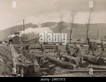 Soldats chargeant des bûches sur la voiture montrant la scierie au loin. Hommes de la 43e compagnie, 20e ingénieurs. Exploitation d'une usine forestière, district d'Epinal, Vagney, Vosges, France CA. 1918 Banque D'Images