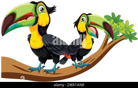 Deux toucans vibrants perchés sur une branche d'arbre Illustration de Vecteur