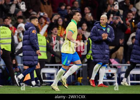 Madrid, Espagne. 26 mars 2024. Lucas Paqueta, du Brésil, célèbre un but lors du match amical international entre l’Espagne et le Brésil au stade Santiago Bernabeu. Note finale : Espagne 3:3 Brésil crédit : SOPA images Limited/Alamy Live News Banque D'Images