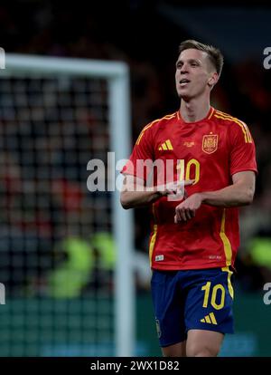 Madrid, Espagne. 26 mars 2024. Madrid Espagne ; 03/26/2024.- L'Espagne tire le Brésil 3-3 dans un match amical. L'équipe nationale espagnole sera le match nul 3-3 avec son homologue brésilien au stade Santiago Bernabeu dans la capitale du Royaume d'Espagne. Objectif espagne Rodri Hernandez 12 (pénalité) et 87 (pénalité), Dani Olmo 36  objectif Brésil Rodrigo Goes 40 , Endrikc Felipe 50 , Lukas lPaqueta 90 6 , crédit : Juan Carlos Rojas/dpa/Alamy Live News Banque D'Images