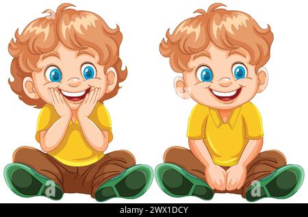 Deux garçons joyeux illustrés dans une pose assise Illustration de Vecteur