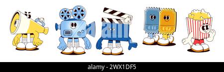 Mascottes de cinéma définies isolées sur fond blanc. Illustration vectorielle de dessin animé de mégaphone, projecteur de film, claquette, billets, personnages de boîte de pop-corn, éléments de design cinéma contemporain Illustration de Vecteur