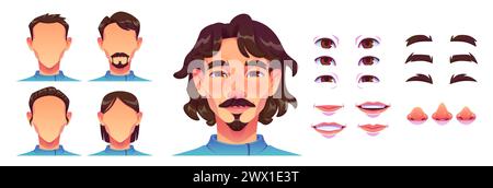 Kit de construction avatar homme avec différentes coupes de cheveux et yeux, sourcils et nez, sourire des lèvres, moustache et barbe. Ensemble d'illustration vectorielle de dessin animé d'éléments de tête de personnage masculin jeune personnalisable. Illustration de Vecteur