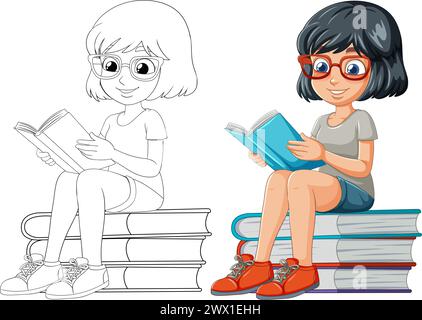 Vecteur coloré d'une fille lisant au sommet des piles de livres Illustration de Vecteur