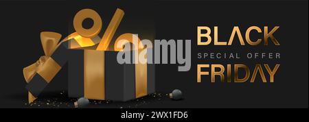 Black Friday Design Poster avec illustration vectorielle réaliste de boîte-cadeau noire 3D. Convient pour affiche, bannière, bannière de vente, en-tête Web, Flyer et Promot Illustration de Vecteur