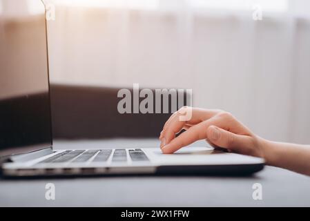 Gros plan des mains de développeur freelancers tapant le code du programme sur le clavier de l'ordinateur portable. Femme d'affaires au travail dans le bureau à domicile. Rédacteur écrivant du texte sur compu Banque D'Images