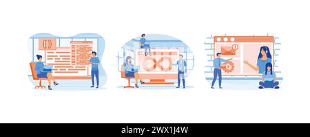 Développeurs et concept DevOps. Les équipes de support technique travaillent ensemble pour construire des systèmes de génie logiciel. Développement logiciel et concept d'exploitation Illustration de Vecteur