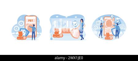 Concept de paiement sécurisé pour la conception de bannières web. Femme protégeant la carte bancaire et le billet de banque avec bouclier. Paiement sécurisé, achats en ligne, paiement électronique Illustration de Vecteur