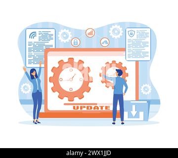 L'équipe de développement d'applications et de sites Web veille à ce que le système soit mis à jour régulièrement au fil du temps. améliorez le réseau, la sécurité et la confidentialité des utilisateurs. mode vectoriel plat Illustration de Vecteur