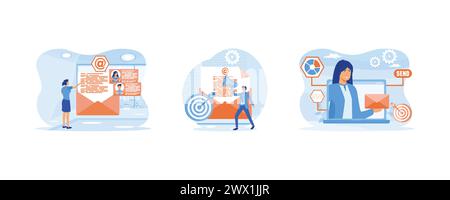 Campagne de marketing par e-mail. Gestionnaire envoyant un message via un système d'automatisation du marketing. Concept de marketing par e-mail. Définir illustration moderne vectorielle plate Illustration de Vecteur
