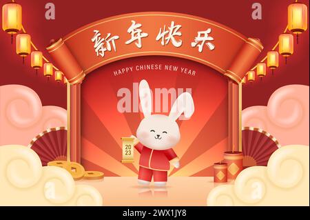 Traduction : nouvel an chinois 2023 année du lapin. Modèle de zodiaque chinois, flyer de bannière d'affiche pour illustration vectorielle du nouvel an chinois Illustration de Vecteur