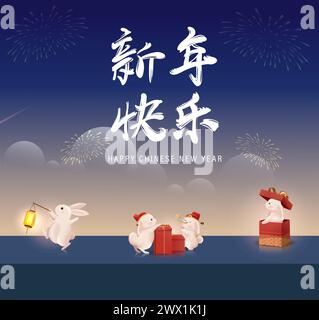 Traduction : nouvel an chinois 2023 année du lapin. Modèle de zodiaque chinois, flyer de bannière d'affiche pour illustration vectorielle du nouvel an chinois Illustration de Vecteur