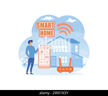 Application maison intelligente, programme sur smartphone pour caméra de sécurité, appareil électrique ou contrôle d'appareil, domotique pour la surveillance ou la gestion Illustration de Vecteur