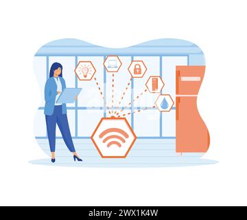 Maison intelligente, technologie de maison intelligente en ligne connecter des appareils électroménagers avec smartphone. Femme utilisant des appareils électroniques domestiques de contrôle de tablette numérique. Illustration de Vecteur