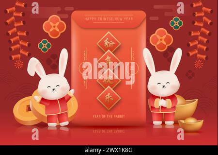 Traduction : nouvel an chinois 2023 année du lapin. Modèle de zodiaque chinois, flyer de bannière d'affiche pour illustration vectorielle du nouvel an chinois Illustration de Vecteur