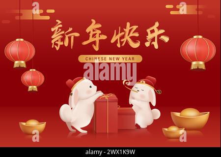 Traduction : nouvel an chinois 2023 année du lapin. Modèle de zodiaque chinois, flyer de bannière d'affiche pour illustration vectorielle du nouvel an chinois Illustration de Vecteur