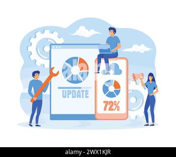 Mises à jour du système avec des personnes qui mettent à jour l'opération dans des programmes informatiques et d'installation. Application mobile. illustration moderne vectorielle plate Illustration de Vecteur