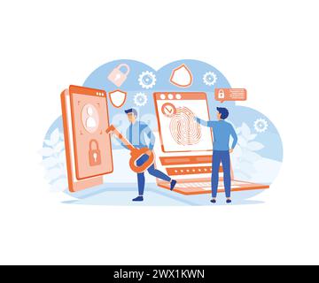 Conception de Web de contrôle d'accès biométrique. Identification et vérification biométriques. Technologie de lecture d'empreintes digitales. illustration moderne vectorielle plate Illustration de Vecteur