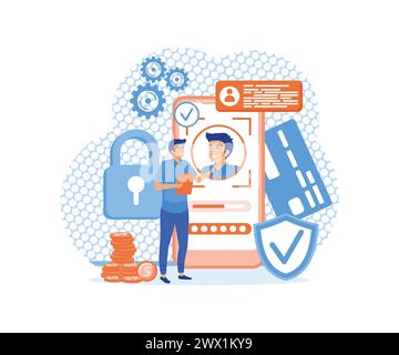 Reconnaissance faciale et sécurité des données. Homme accédant aux données après vérification biométrique. La personne tient le téléphone et scanne le visage avec l'application mobile Illustration de Vecteur