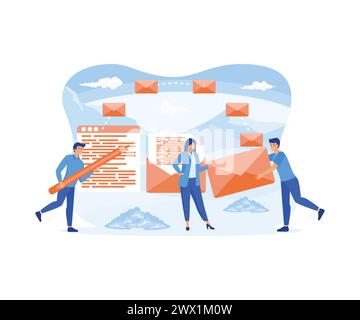 Concept de service de courrier. Les gens sont engagés dans l'envoi de courrier, de messages et de colis aux clients. illustration moderne vectorielle plate Illustration de Vecteur