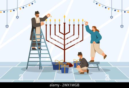 Happy Hanukkah, Festival juif des lumières fond. Symboles festifs religieux illustration vectorielle. Illustration de Vecteur