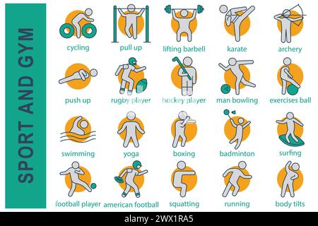 icônes sport. icône de l'ensemble sport et gymnase. natation, yoga, boxe, badminton, joueur de football, joueur de rugby, joueur de hockey et plus encore. style icône à ligne plate. Illustration de Vecteur