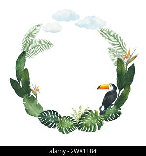 Cadre de cercle aquarelle avec illustration d'un toucan oiseau et feuilles tropicales, monstera, palmiers, isolé. Pour la décoration de la chambre des enfants, papier peint Banque D'Images
