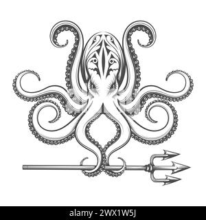 Octopus tient Trident dans des tentacules illustration de gravure isolé sur fond blanc. Aucune IA n'a été utilisée. Illustration de Vecteur