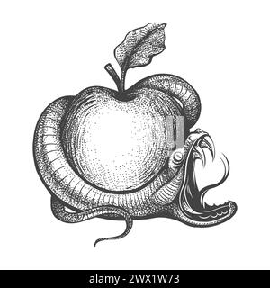 Serpent entrelacé autour de Apple Engraving Tattoo isolé sur fond blanc. Illustration vectorielle. Aucune IA n'a été utilisée. Illustration de Vecteur