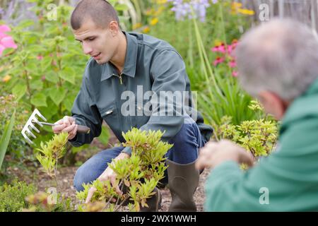 gros plan de jardiniers paysagistes travaillant ensemble Banque D'Images