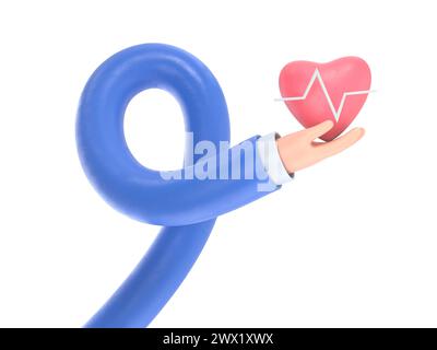rendu 3d. Icône de fréquence cardiaque médicale. Médecin ou cardiologue main de dessin animé tenant le cœur avec la ligne de la carte. Illustration de soins de santé.concept de bras longs. Banque D'Images