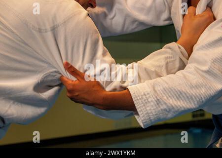 arts martiaux dans ce cas jiu jitsu où vous pouvez voir les détails du kimono, ceinture bleue, balayages, poignées... Banque D'Images