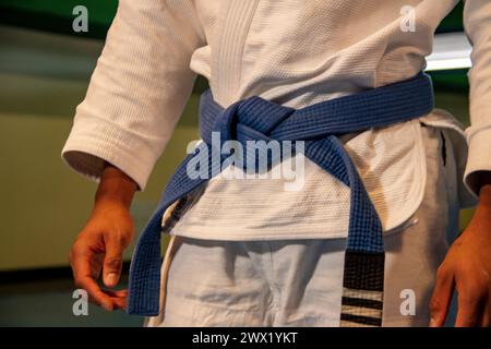 arts martiaux dans ce cas jiu jitsu où vous pouvez voir les détails du kimono, ceinture bleue, balayages, poignées... Banque D'Images