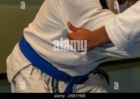 arts martiaux dans ce cas jiu jitsu où vous pouvez voir les détails du kimono, ceinture bleue, balayages, poignées... Banque D'Images