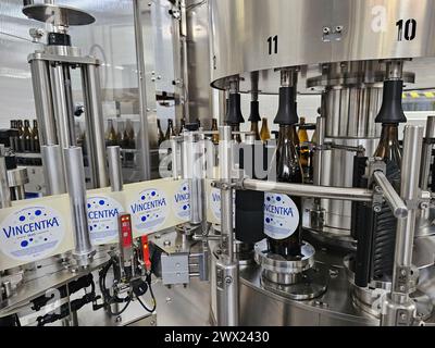 Ligne de remplissage de l'eau minérale Vincentka à Luhacovice, région de Zlin, République tchèque, 19 mars 2024. (CTK photo/Martina Odehnalova) Banque D'Images