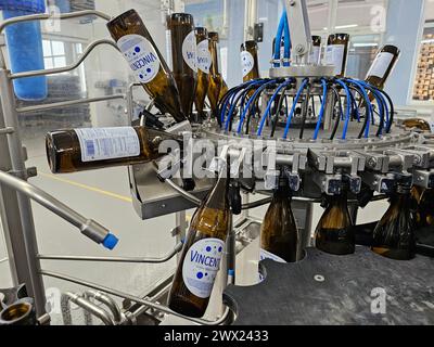 Ligne de remplissage de l'eau minérale Vincentka à Luhacovice, région de Zlin, République tchèque, 19 mars 2024. (CTK photo/Martina Odehnalova) Banque D'Images