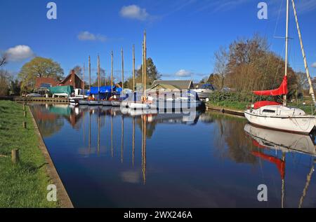 Une vue de la Staithe au début du printemps par une journée ensoleillée depuis le bateau Dyke sur les Norfolk Broads à Upton, Norfolk, Angleterre, Royaume-Uni. Banque D'Images