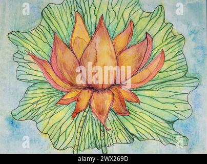 Fleur de lotus dessinée à la main avec feuille griffonnée. La technique de tamponnage près des bords donne un effet de flou dû à la rugosité de surface modifiée du Banque D'Images