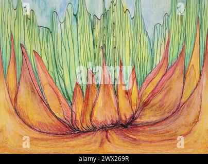 Flammes abstraites avec un mur hors vert. La technique de tamponnage près des bords donne un effet de flou dû à la rugosité de surface modifiée de la plaquette Banque D'Images