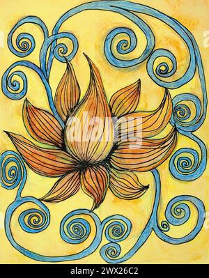 Fleur de Lotus avec ligne La technique de tamponnage près des bords donne un effet de flou dû à la rugosité de surface modifiée du papier. Banque D'Images