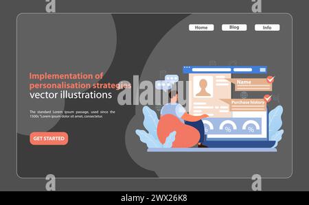 Mise en œuvre de la stratégie de personnalisation. Marketeur optimisant les profils clients pour des expériences ciblées sur une interface digitale. Amélioration de l'engagement des utilisateurs. Illustration vectorielle plate. Illustration de Vecteur