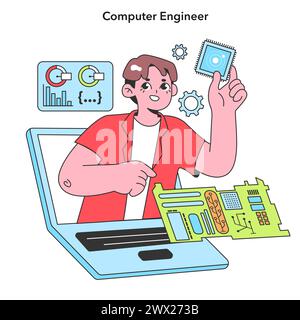 Un ingénieur en informatique examine une micropuce, un composant fondamental de l'électronique moderne, représentant le travail complexe derrière l'ingénierie du matériel informatique Illustration de Vecteur
