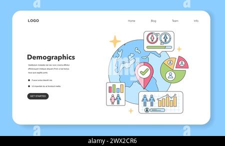 Concept d'analyse démographique. Carte globale mettant en évidence des régions spécifiques, écran d'ordinateur présentant des statistiques par sexe, graphiques circulaires détaillant les segments de population et graphique à barres pour la visualisation des tendances Illustration de Vecteur