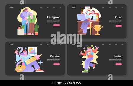Jeu d'archétype. Soignant tendre, règle autoritaire, créateur imaginatif et Jester ludique représentés dans des conceptions modernes. Relations et concepts identitaires. Illustration vectorielle. Illustration de Vecteur